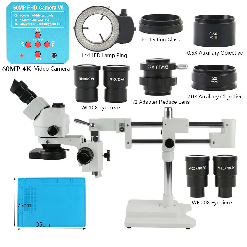 Stereo Trinocular Microscope Pcb - 3.5倍 90倍 180倍 シミュラフォーカス ダブルブームスタンド 三眼ステレオズーム顕微鏡